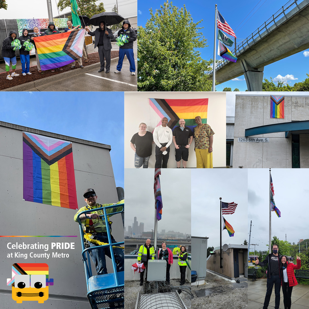 Collage of seven photos, all different Metro locations and employees with the Progress Pride flag displayed.