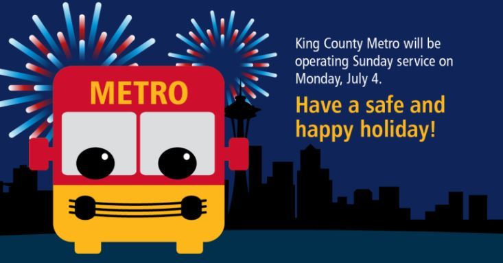 Red Metro bus avatar on blue background with fireworks, text regarding service and wishes to have a happy holiday
