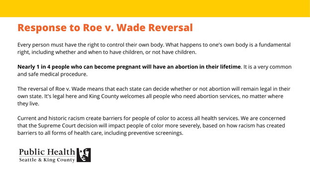 Statement from Seattle King County Public Health, reaffirming the right to an abortion in light of the reversal of Roe v. Wade