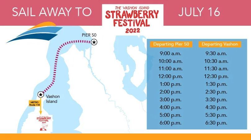 Vashon Island Strawberry Festival July 16 Water Taxi schedule with made of route in Elliot Bay  