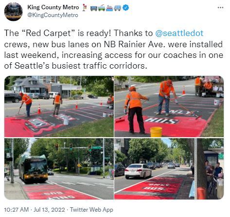 Image of Metro's tweet about the new bus lane on ND Rainer Ave. Image is linked to full Twitter post. 