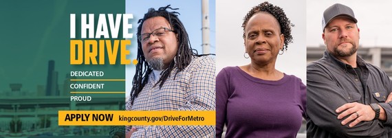 Long banner 'I Have Drive' image with text "Dedicated / Confident / Proud" and I link to apply now. and three Metro employees posed for photos