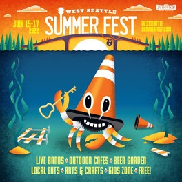 Event flyer for the West Seattle Summer fest. The closed West Seattle bridge and a happy looking crab has a traffic cone on its head underwater 