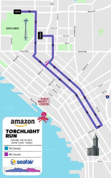 In color map of Torchlight Run route, lined in blue, with surrounding areas