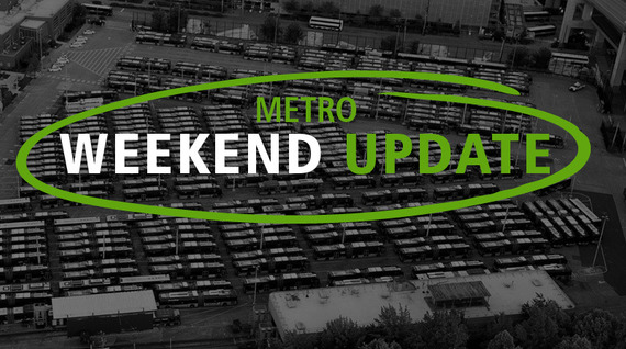 Black and white image of a Metro bus with Green text over is that says Metro Weekend Update