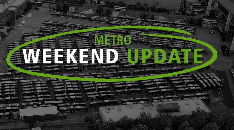 Black and white image of a Metro bus with Green text over is that says Metro Weekend Update