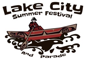 Lake City Summer Festival and Parade with image of indigenous style art of person in a canoe 