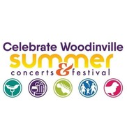 White background with colorful Celebrate Woodinville logo, including hotdog, drinks, guitar, family at play and basset hound graphics