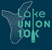 Teal text reads Lake Union 10k with graphics of an oar and Lake Union outline on blue background