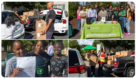 Collage of photos of CM Zahilay and Skyway community members tabling, delivering boxes, and posing for photos