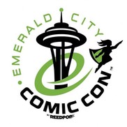 Logo for Emerald City Comic Con with Space Needle and a hero with a cape
