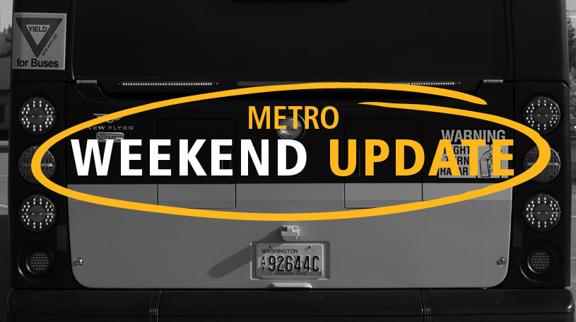 black and white image of back of bus with text in yellow that says Metro Weekend Update