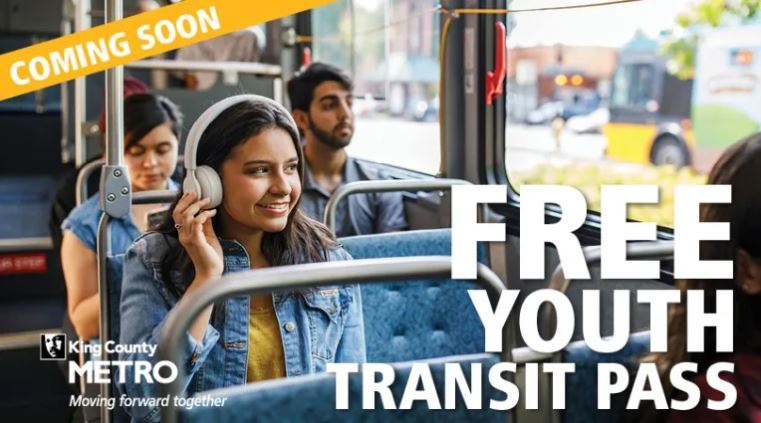 Image of teen riding a Metro bus with text saying "Free Youth Transit Pass"