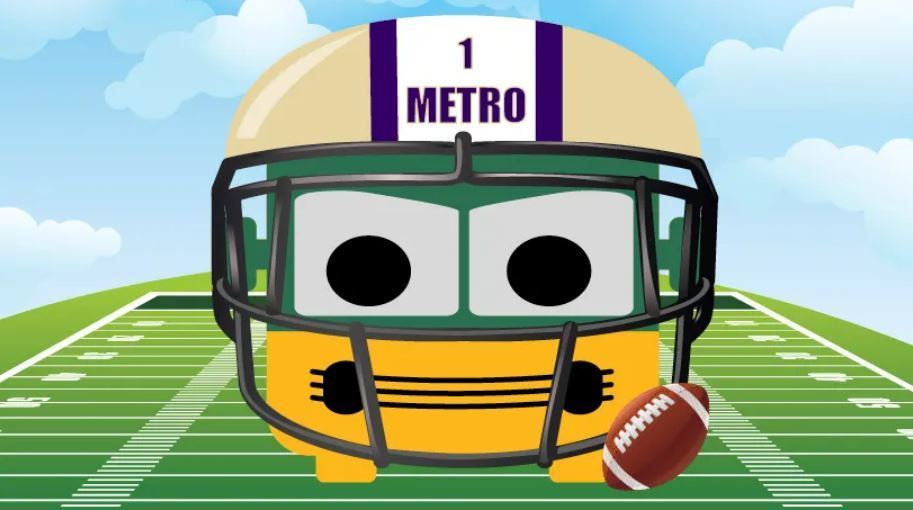 Cartoon drawing of the metro bus on a football field with a Husky helmet on