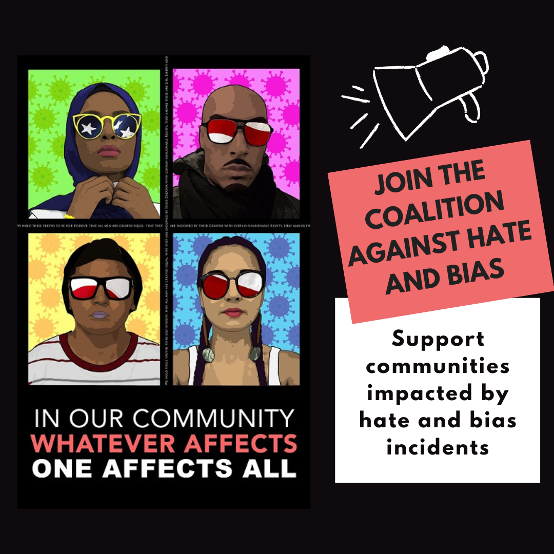 Coalition Against Hate and Bias logo with text "In our community, whatever affects one affects all