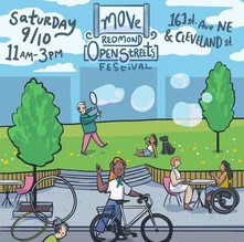 Illustration of people enjoying the outdoors.  Sat, September 10, 11 a.m. to 3 p.m. Move Redmond Open Streets Festival. 161st Ave NE & Cleveland St.