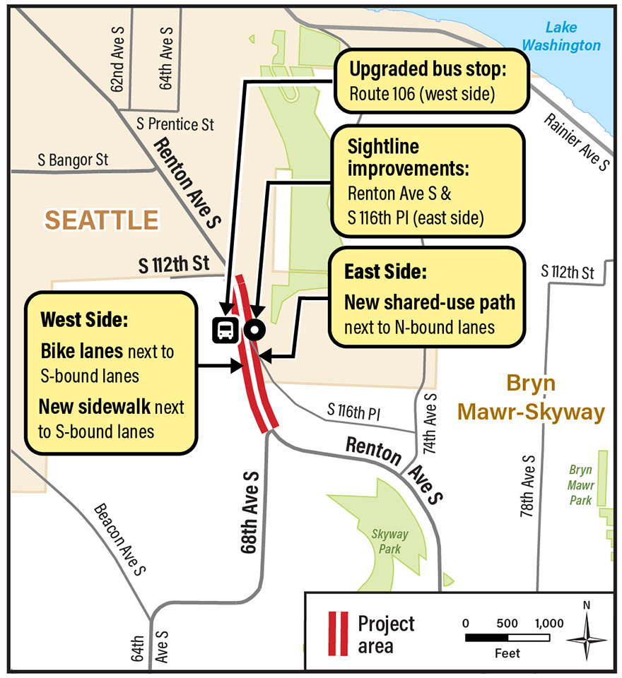 Maps shows the improvements coming to Renton Avenue S from the beginning of the project area at 68th Avenue S to the end at S 112th Street.