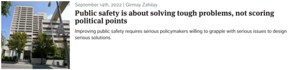 screenshot of article in the Seattle Times. The title reads: Public safety is about solving tough problems, not scoring political points