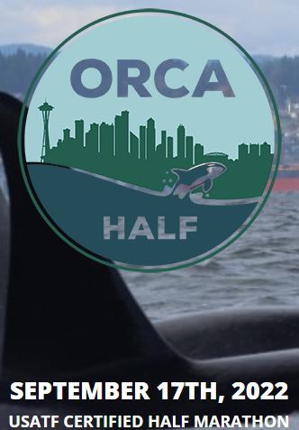 orca half logo with Seattle skyline and 'september 17th 2022 USATF Certified Half Marathon