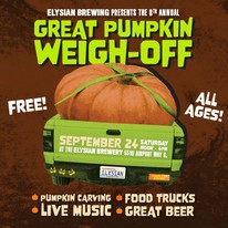 Poster for Elysian Brewing 'Great Pumpkin Weigh-Off' September 24 12-4 with image of a giant pumpkin in a truck 