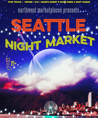 NW Marketplace poster for Seattle Night Market with an image of a giant moon over Seattle Skyline 