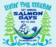 Poster for event Text: "Living in the Stream 53rd annual Salmon Days Oct1-2 salmondays.org" and a cartoon salmon in a hammock between pine trees