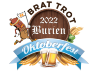 text: Brot Trot 2022 Burien Oktoberfest with a cartoon brat running a wooden barrel and two beer mugs and wheat and hops stalks