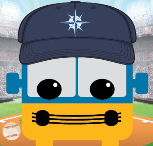 Metro's cartoon bus avatar is ready for gameday, wearing a Mariner's ball cap, the background is a stadium