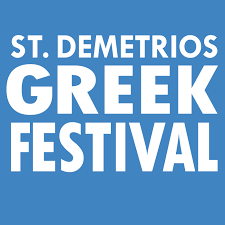 blue background with white text "St. Demetrios Greek Festival"