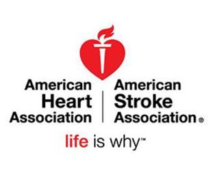 red heart logo with torch with words " American Heart Association / America Stroke Association. life is why"