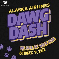 black background "Alaska Airlines Dawg Dash 10K Run 5K Walk/Run Oct 922 with purple and yellow text