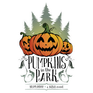 outline of pine trees cartoon jackolanterns text: "Pumpkins in the park 10.29.22"