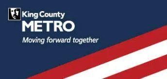 Blue background with red and white stripes in corner. Text reads, " KIng County METRO Moving forward together"