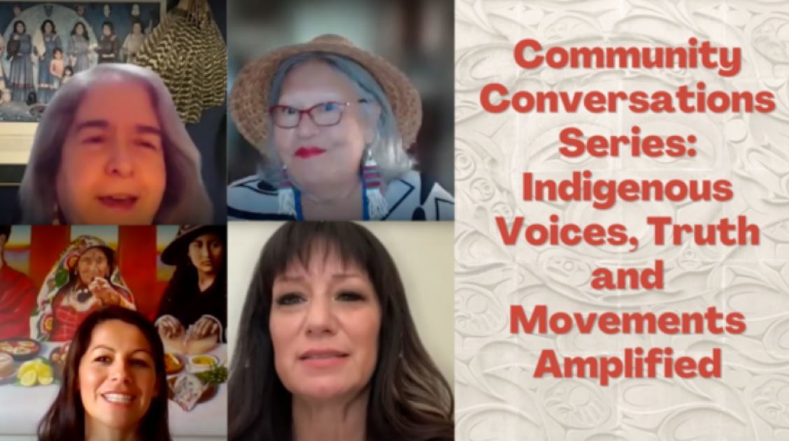 Four still shots of speakers, with video title  "Community Conversation series: Indigenous Voices, Truth and Movements Amplified"