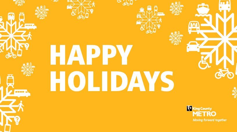 Yellow rectangle with white snowflakes around the sides. Text Happy Holidays and Metro logo