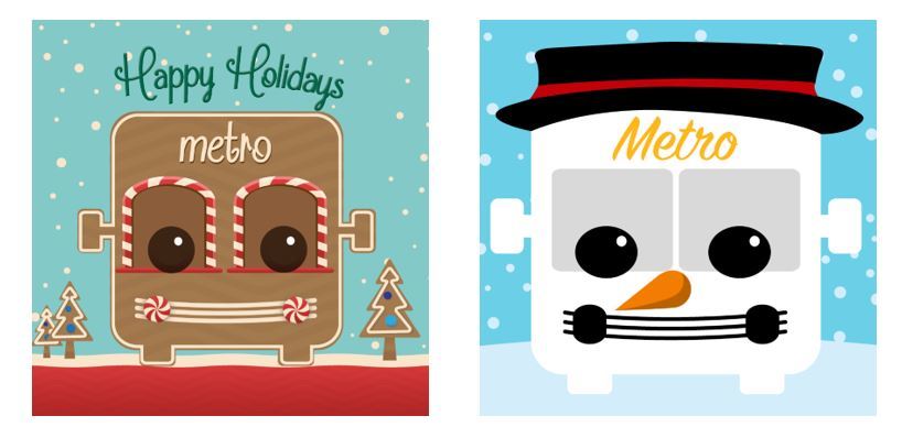 two metro cartoon avatars one of a gingerbread bus and the other as a snowman