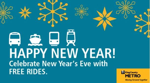 blue background with yellow snowflakes "Happy New Year! Celebrate New Year's Eve with FREE RIDES." Metro logo 