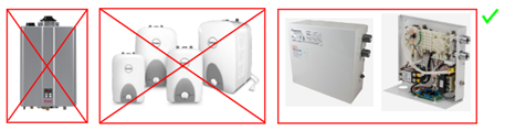 Different styles of compact water heaters. An electrical instantaneous water heater has a check mark, meaning it doesn't need a relief valve.