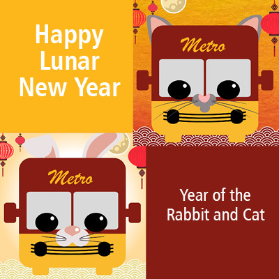two Images of the metro avatar one dressed as a cat and one as a rabbit and the text Happy Lunar New Year