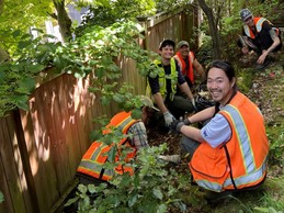 5 workers in orange vests pulling weeds in a grassy backyard area, smiling