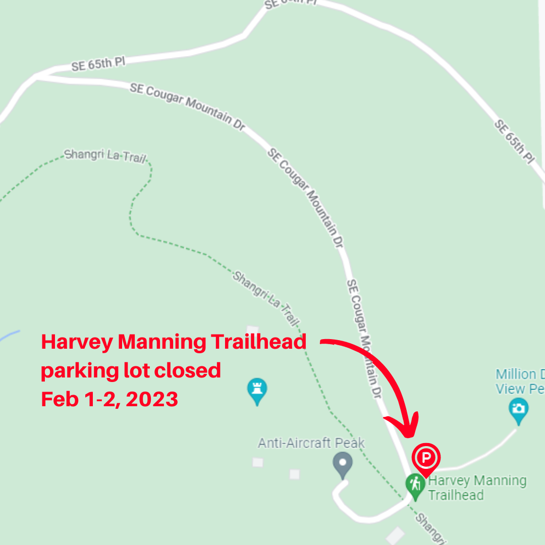 closure map for Cougar Mountain's Harvey Manning Trailhead parking lot