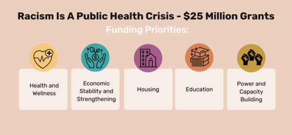 Graphic showing grant priorities including health and wellness, housing, education, economic stability and capacity building