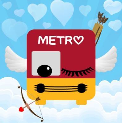 Avatar of RapidRide Metro bus winking with wings and a cupid  bow and arrows. Background is a blue sky and heart shaped clouds