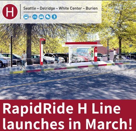 Rendered image of a H Line bus stop and the text "Rapid Ride H Line launches in March!"