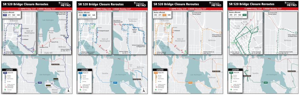 Image of 4 maps with the specific reroute for 255, 271, ST 542 and ST 545 All info for reroutes is on service advisory page