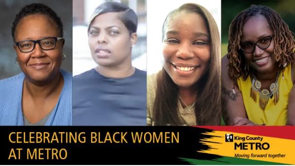 Image of 4 black women employed at Metro text "Celebrating Black Women at Metro" and Metro logo