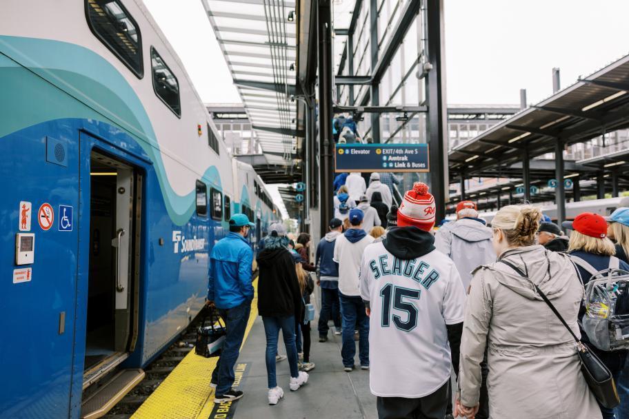 sports fans at train