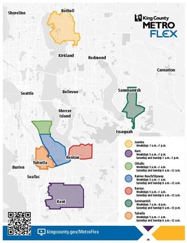 This is a map of the Metro Flex service areas and hours in Juanita Kent Othello Rainer Beach Renton Sammamish Tukwila