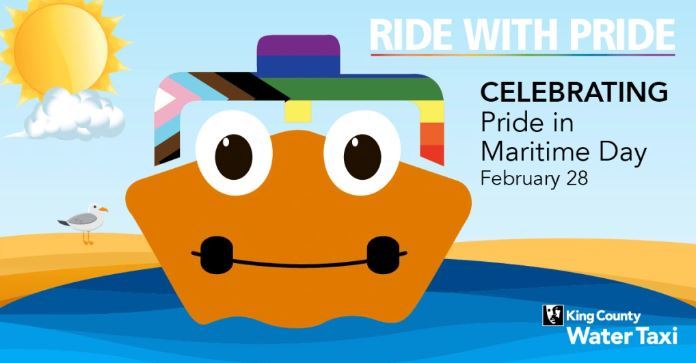 WaterTaxi avatar with the top as the progress gay pride flag text "Ride with PRIDE Celebrating Pride in Maritime Day Feb 28"