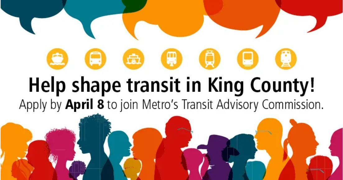 Multi color silouettes and chat bubbles on white background. "Apply by April 8 to join Metro's Transit Advisory Commission"